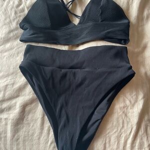 Black High Waisted Ribbed Bikini Set